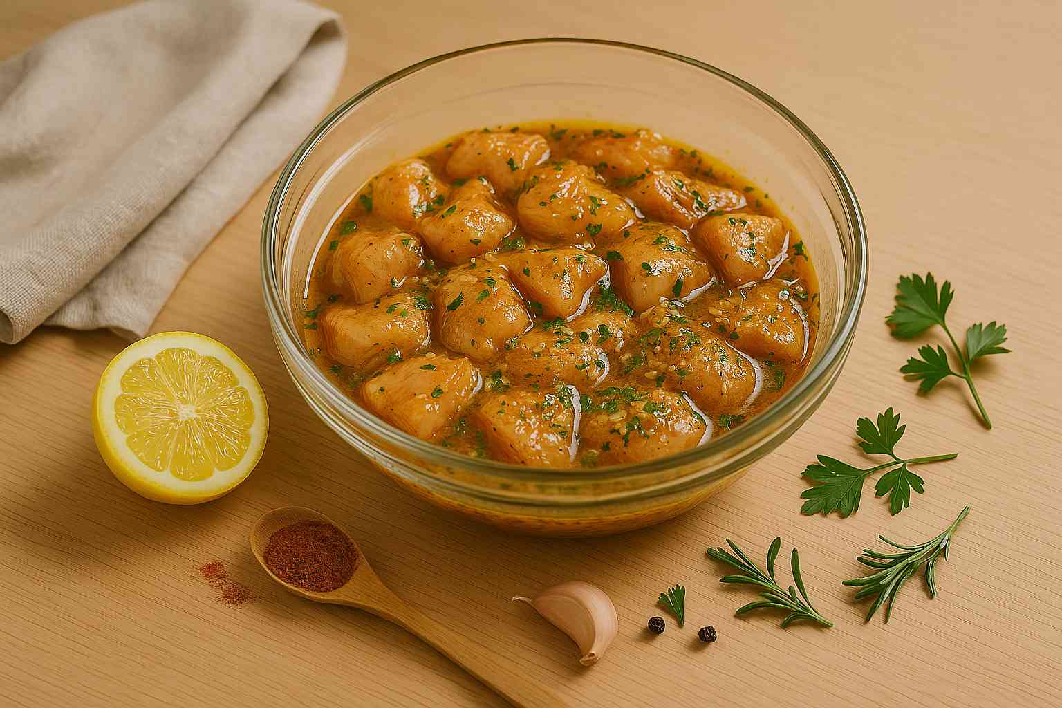 Trozos de pollo marinado en un bol de cristal, cubiertos de especias y líquidos, listos para cocinar.