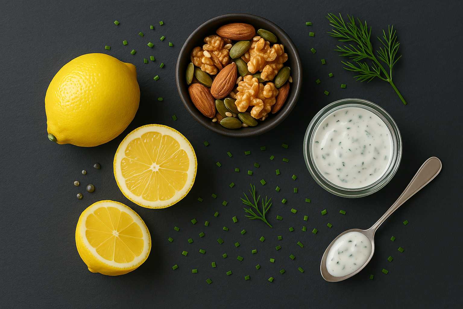 Composición con los 3 potenciadores de sabor: un limón, un bol con frutos secos y un tarro de salsa casera.