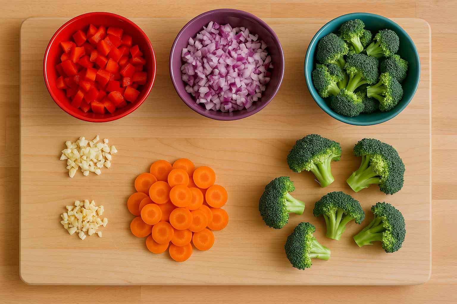 Mise en place para batch cooking con verduras y hortalizas ya cortadas y organizadas en boles sobre una encimera de madera.
