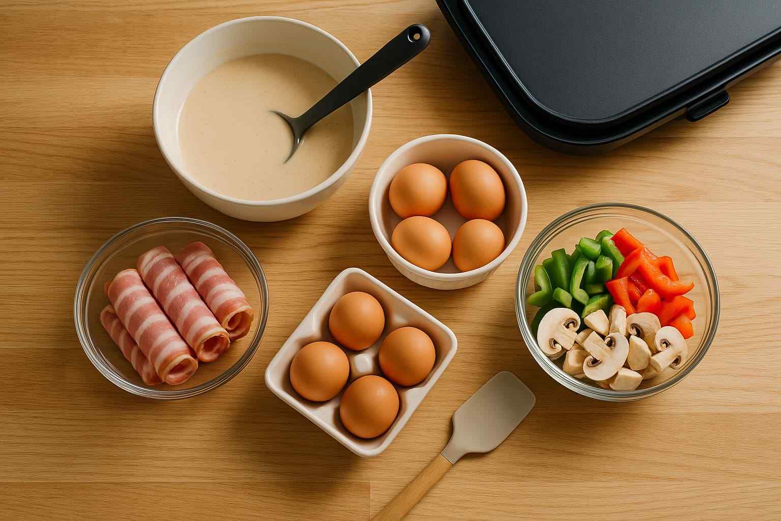 Ingredientes de desayuno pre-preparados y organizados en recipientes sobre una encimera, listos para cocinar rápidamente en la plancha.