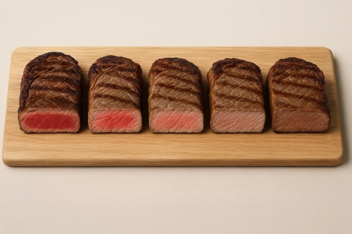 Infografía mostrando 5 filetes cortados por la mitad con los diferentes puntos de la carne: poco hecho, al punto, hecho...