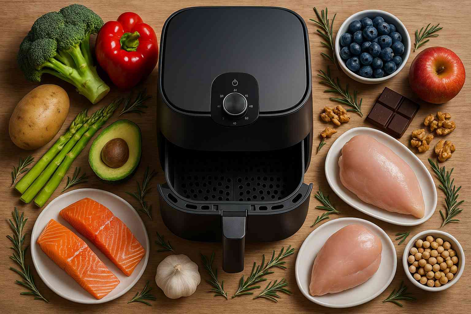 Una freidora de aire rodeada de una gran variedad de alimentos que se pueden cocinar en ella, como pollo, salmón, brócoli, patatas y frutas.