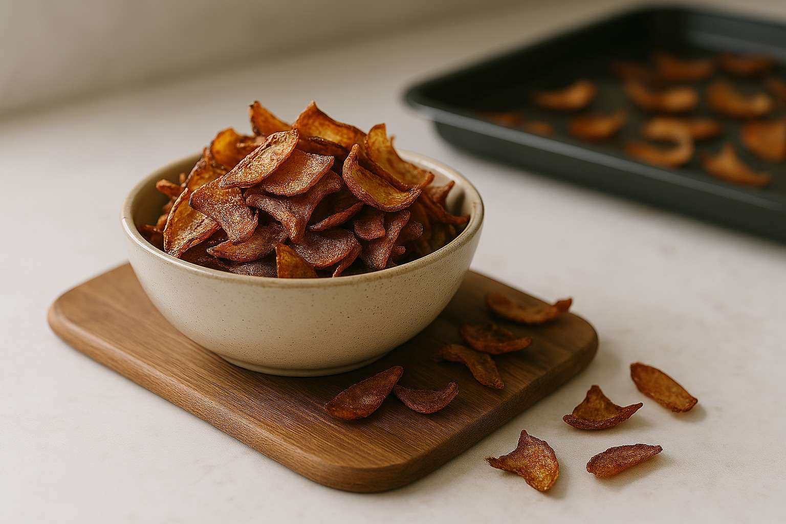 Un cuenco con chips crujientes hechos con las pieles de la patata, sazonados con pimentón.