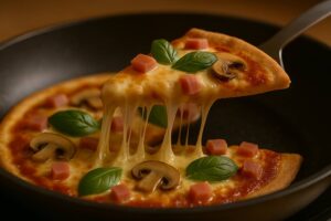 Primer plano de una porción de pizza en sartén con base de tortilla, con un hilo de queso mozzarella fundido estirándose.