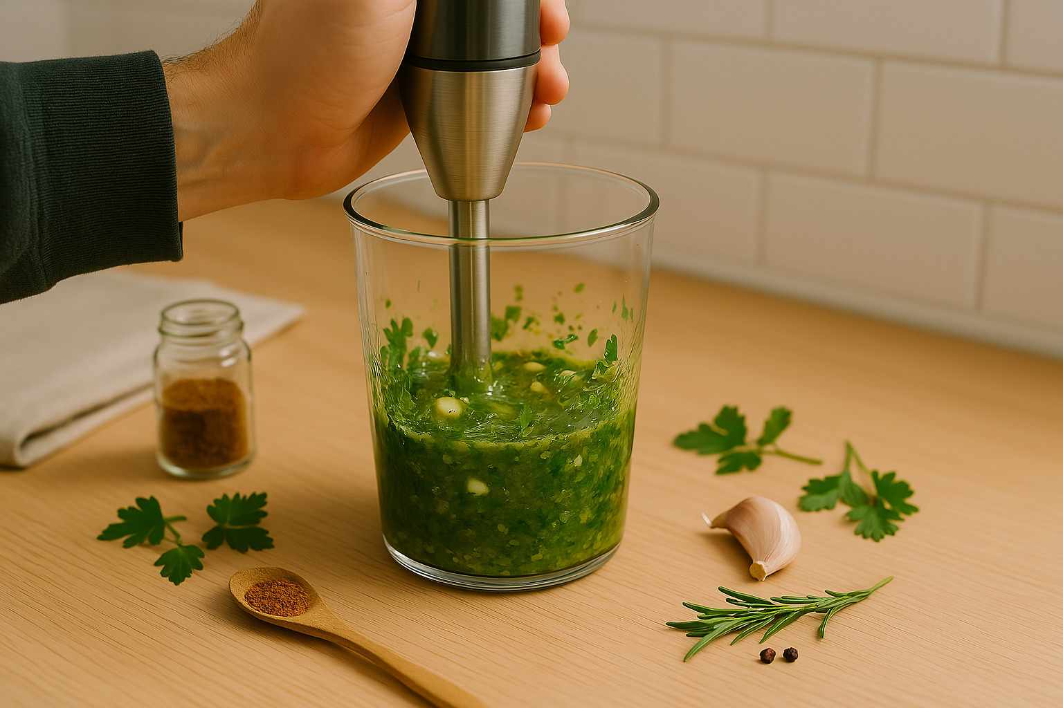 Una batidora de mano triturando ingredientes frescos como hierbas y ajo en un vaso alto.