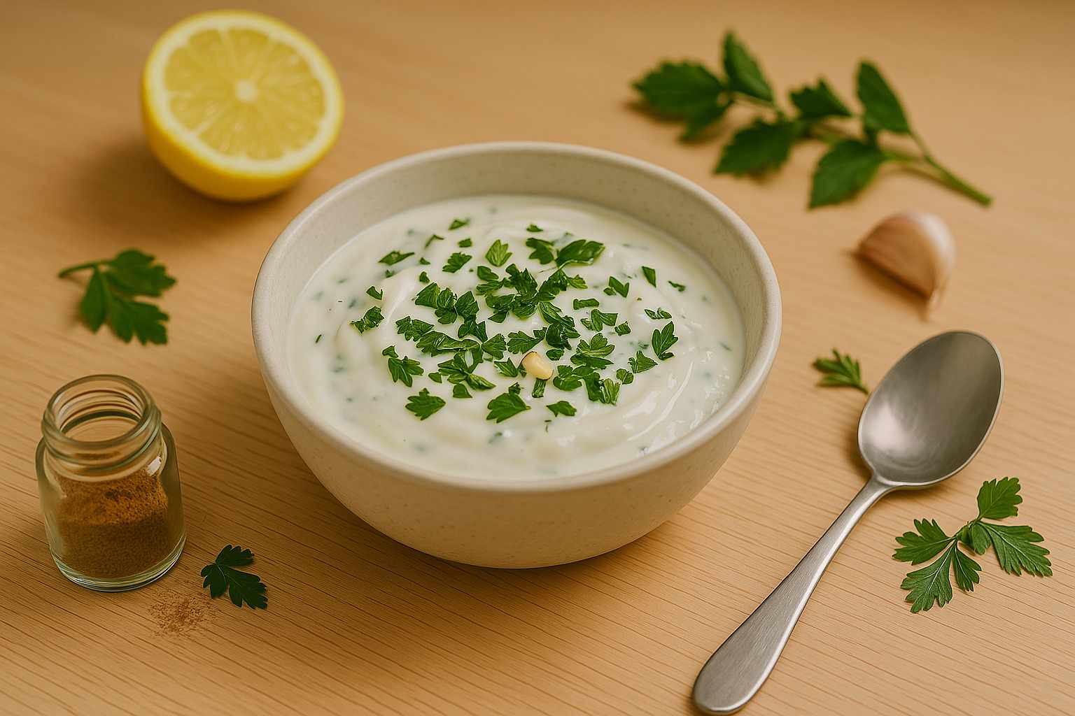 Bol de cerámica con una cremosa salsa de yogur y hierbas frescas picadas como menta y perejil.