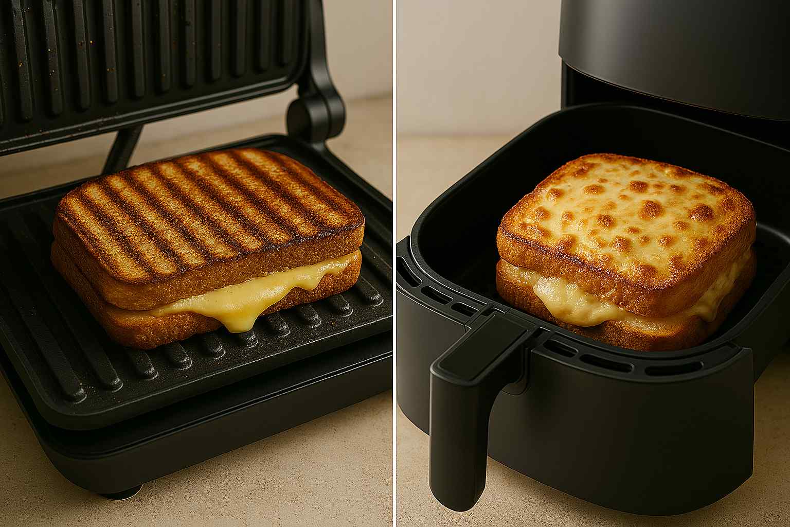 sándwiches calientes crujientes y con queso fundido, cocinados en freidora de aire o plancha.