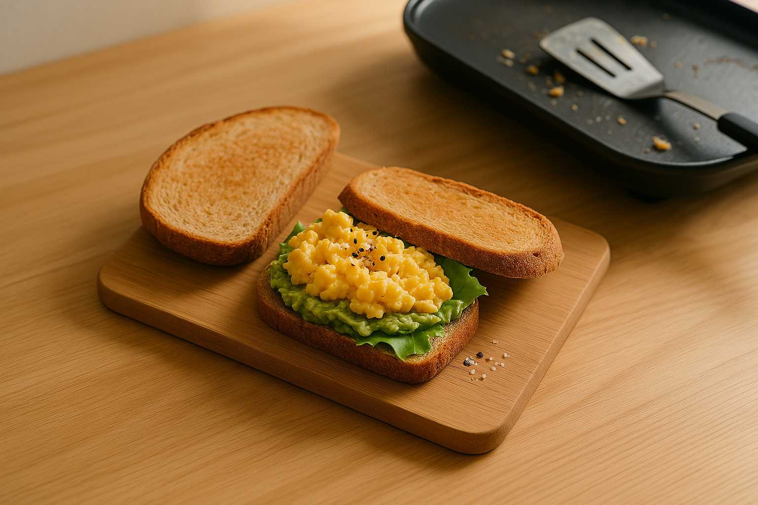 Sándwich de desayuno con huevo revuelto, aguacate y lechuga sobre pan integral, preparado en plancha eléctrica.