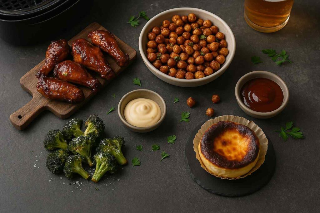 Bodegón de platos cocinados en freidora de aire según una tabla de tiempos y temperaturas: alitas de pollo, garbanzos crujientes y una mini tarta de queso.