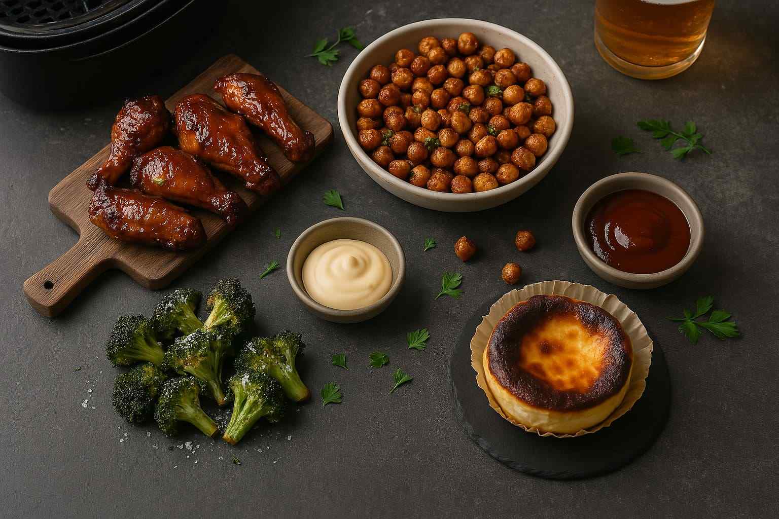 Bodegón de platos cocinados en freidora de aire según una tabla de tiempos y temperaturas: alitas de pollo, garbanzos crujientes y una mini tarta de queso.