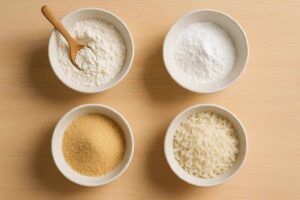 Comparativa de harinas para rebozados crujientes en freidora de aire: harina de trigo, pan rallado, maicena y panko.