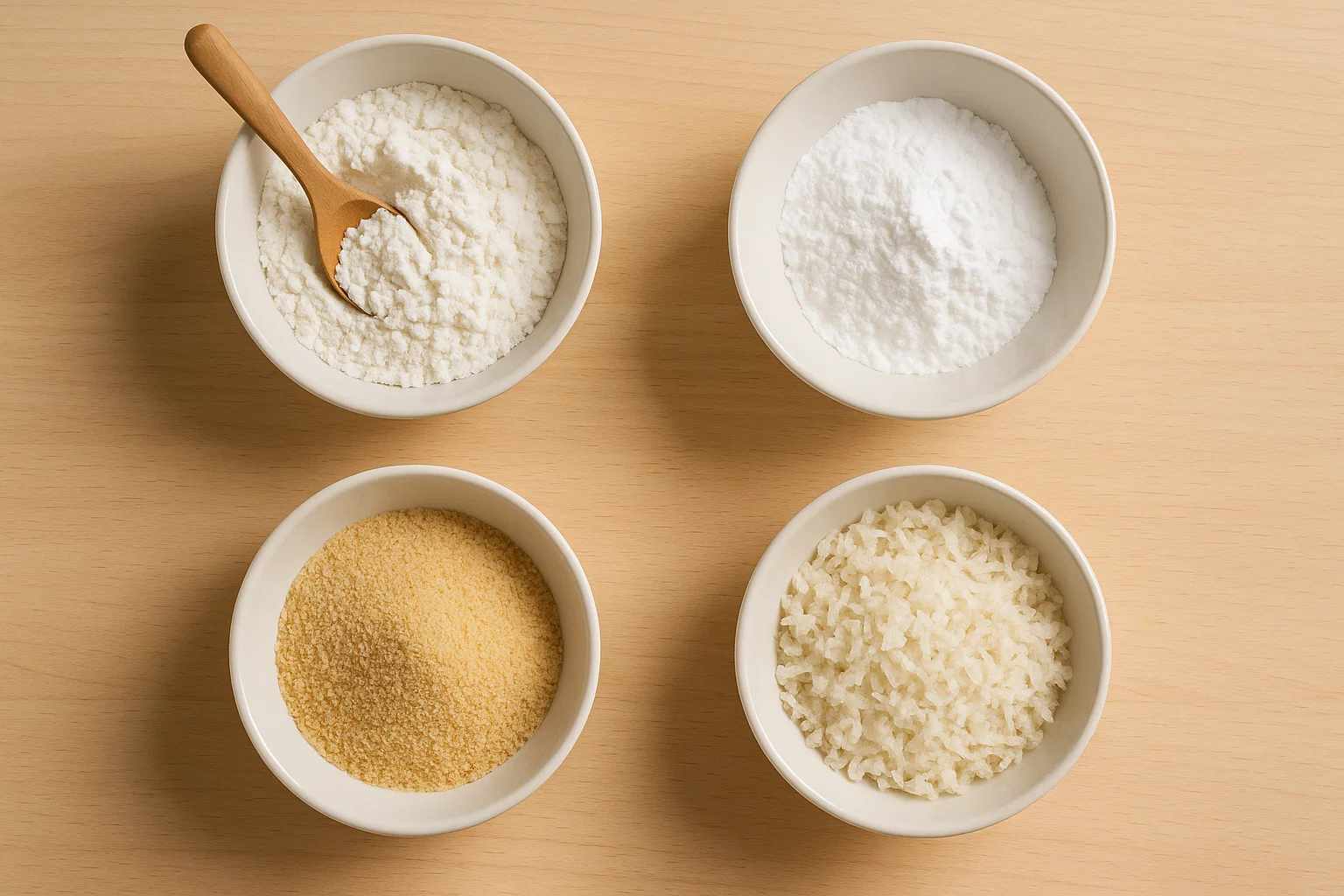 Comparativa de harinas para rebozados crujientes en freidora de aire: harina de trigo, pan rallado, maicena y panko.
