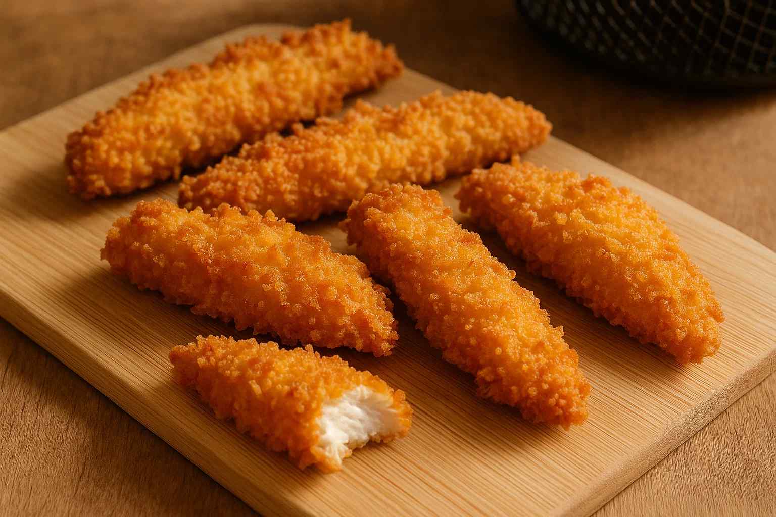 Tiras de pollo caseras con un rebozado de panko dorado y crujiente, recién hechas en la freidora de aire.