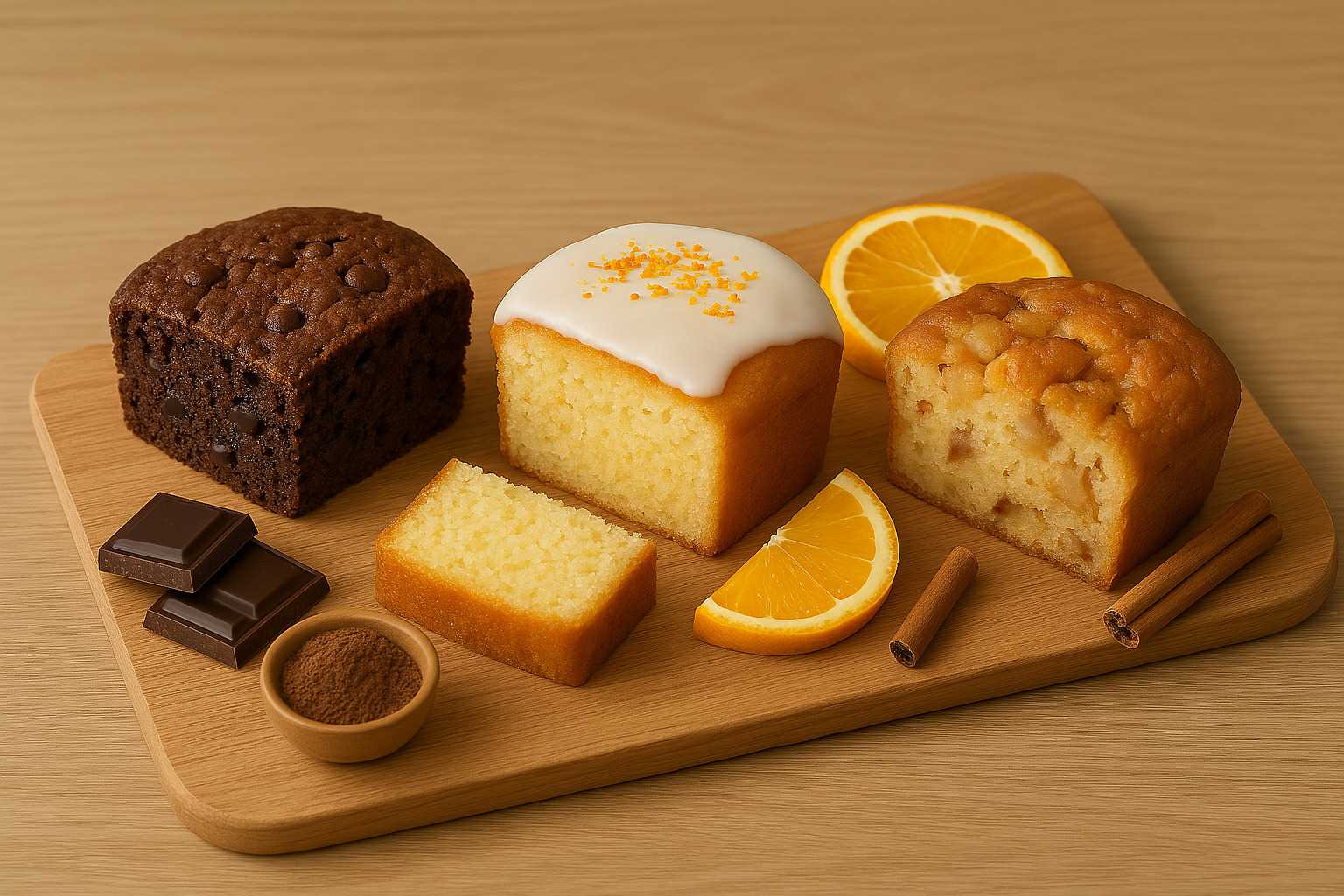 Collage mostrando tres porciones de bizcocho: una de chocolate, una de naranja con glaseado y otra de manzana y canela.