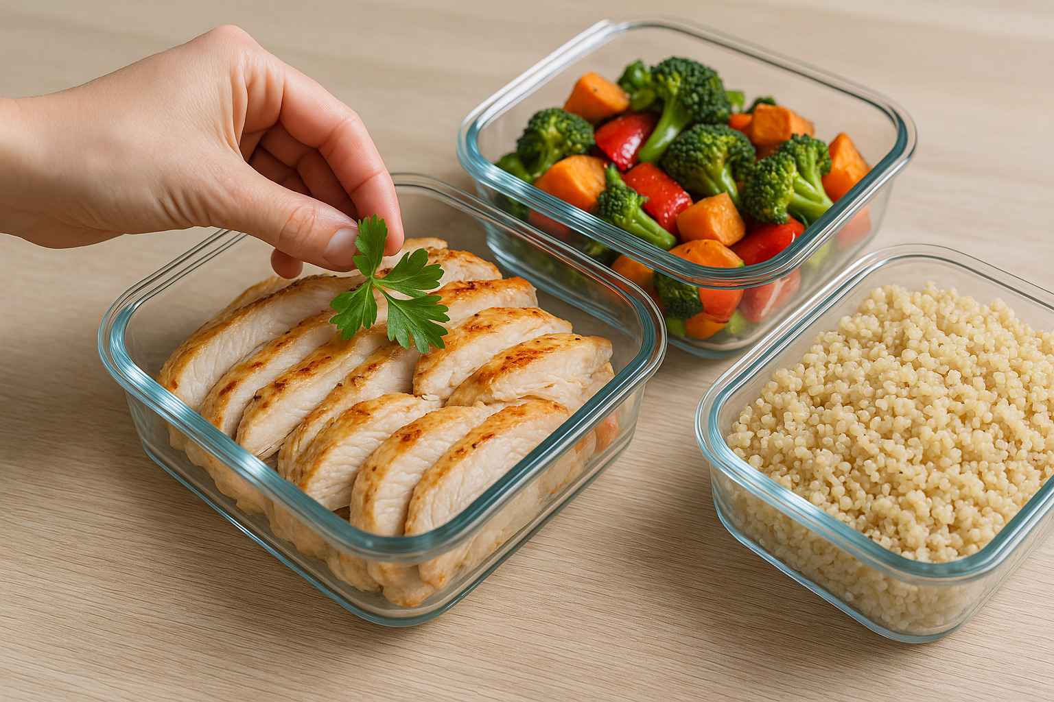 Varios tuppers de cristal con las bases del menú semanal preparadas: pollo cocinado, quinoa y verduras asadas.