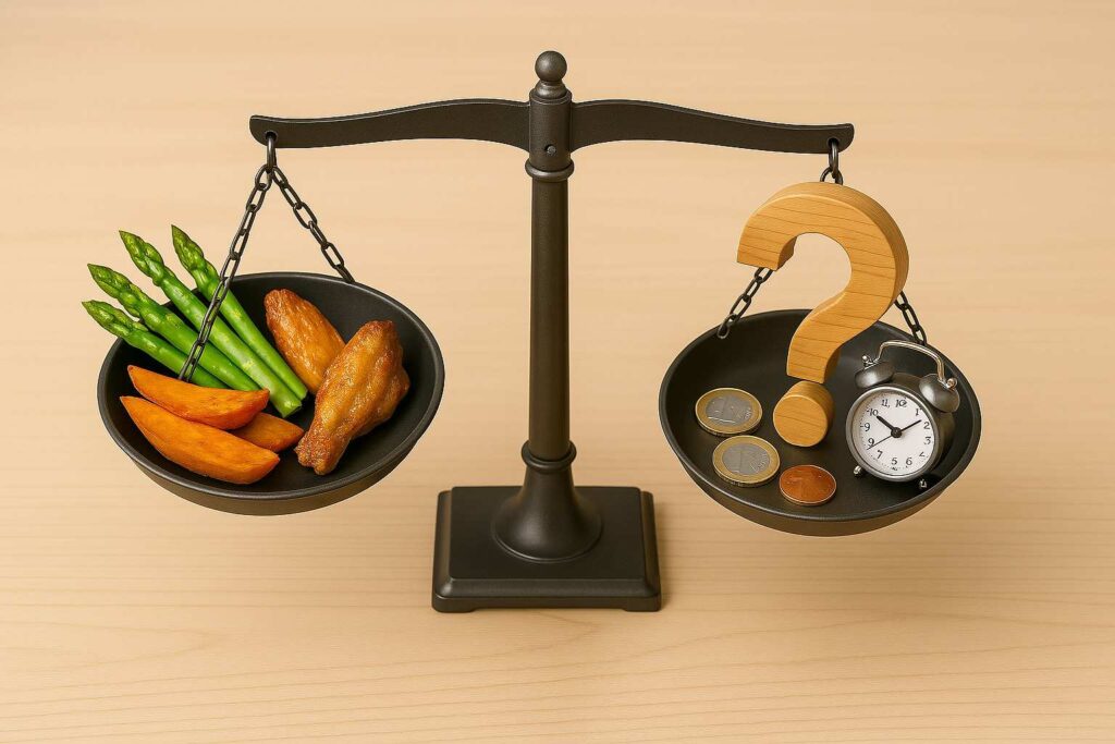Balanza comparando las ventajas y desventajas de la freidora de aire: en un plato, comida saludable como pollo y verduras; en el otro, un símbolo de interrogación y un euro.