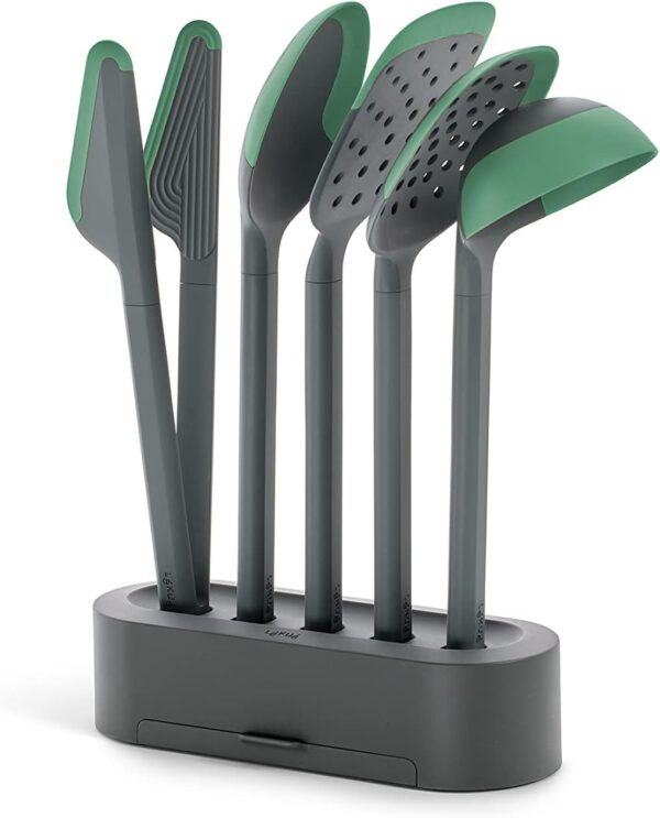 Lékué Set 5 Utensilios de cocina, con cucharon, espatula, espumadera y pinzas con base