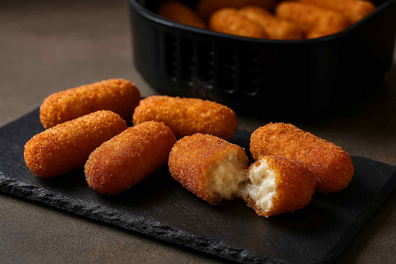 Croquetas congeladas perfectamente crujientes y doradas hechas en una freidora de aire, con una abierta mostrando el interior cremoso.