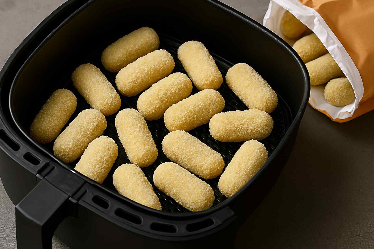 Croquetas congeladas de paquete colocadas en la cesta de la freidora de aire, listas para cocinar.