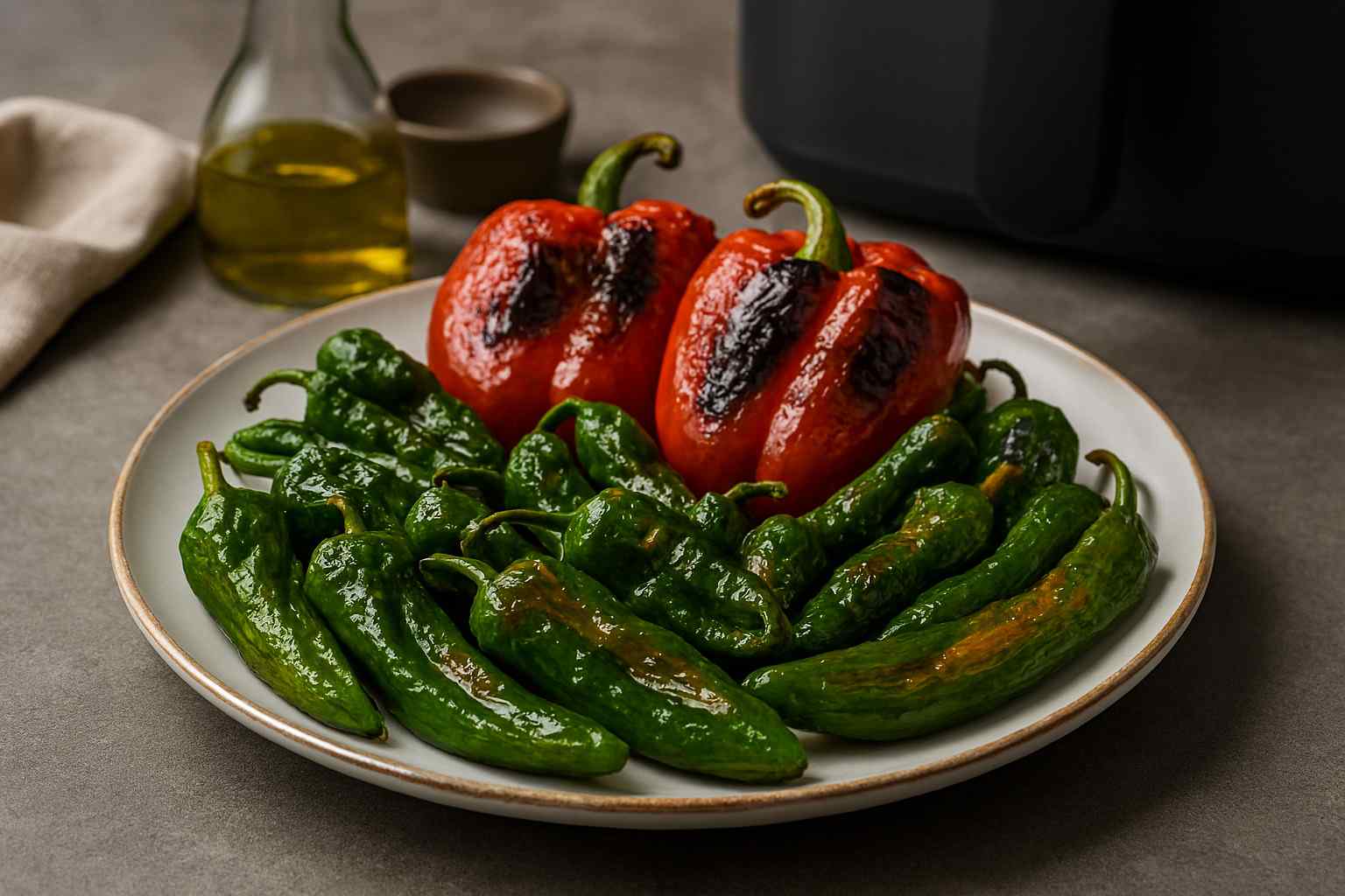 Platos con pimientos rojos, pimientos de Padrón y pimientos verdes italianos ya hechos en freidora de aire, con la freidora al fondo como fondo de cocina