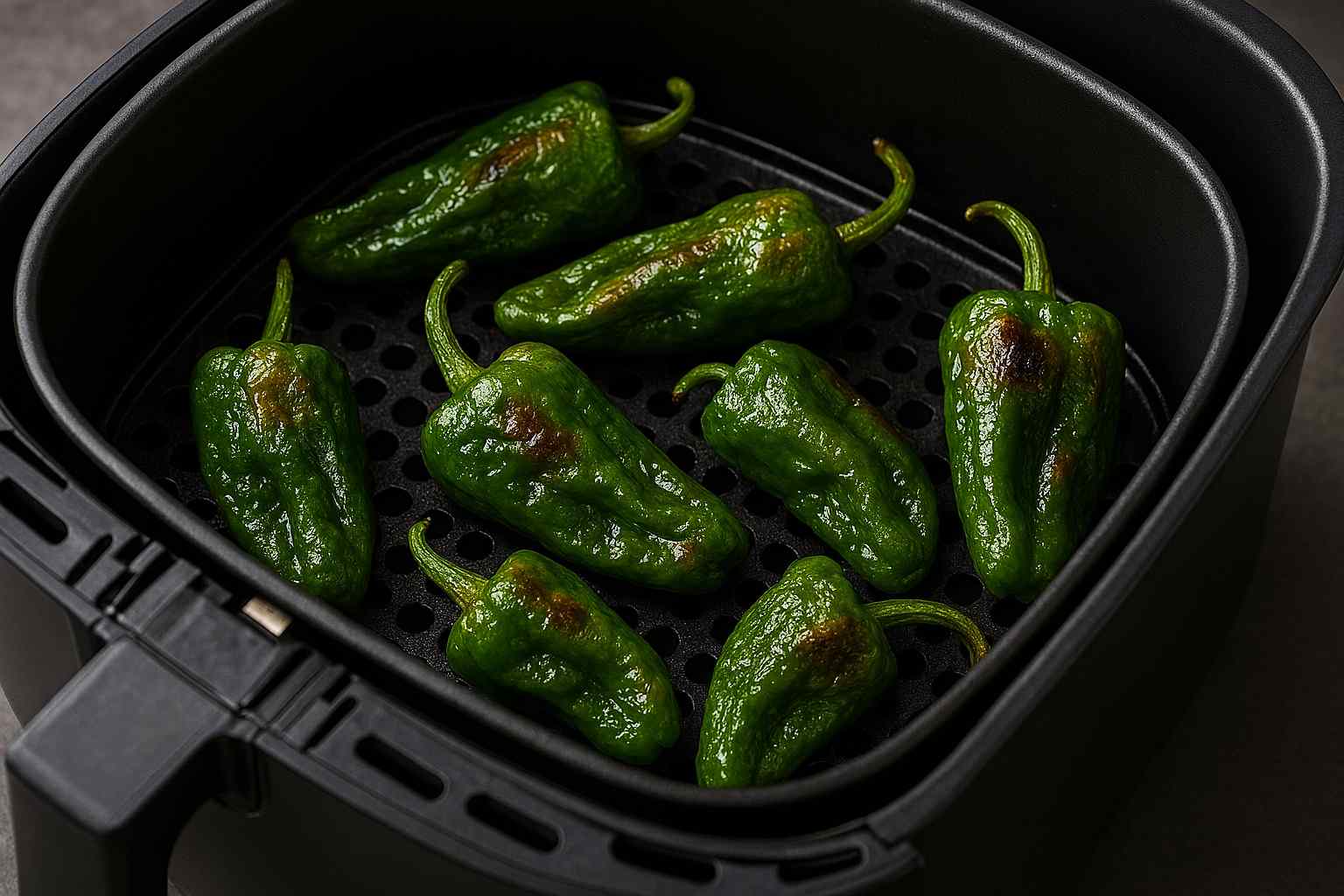 Pimientos de Padrón en freidora de aire, listos para servir con sal gorda.