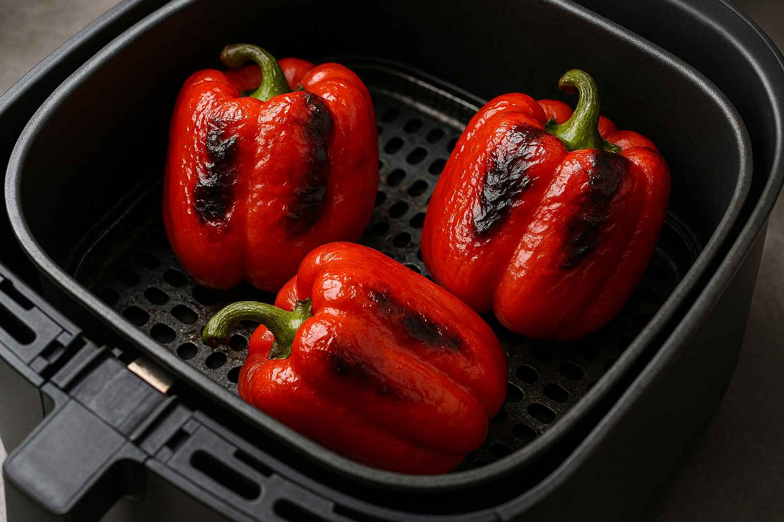 Pimientos rojos enteros asándose en la cesta de una freidora de aire.