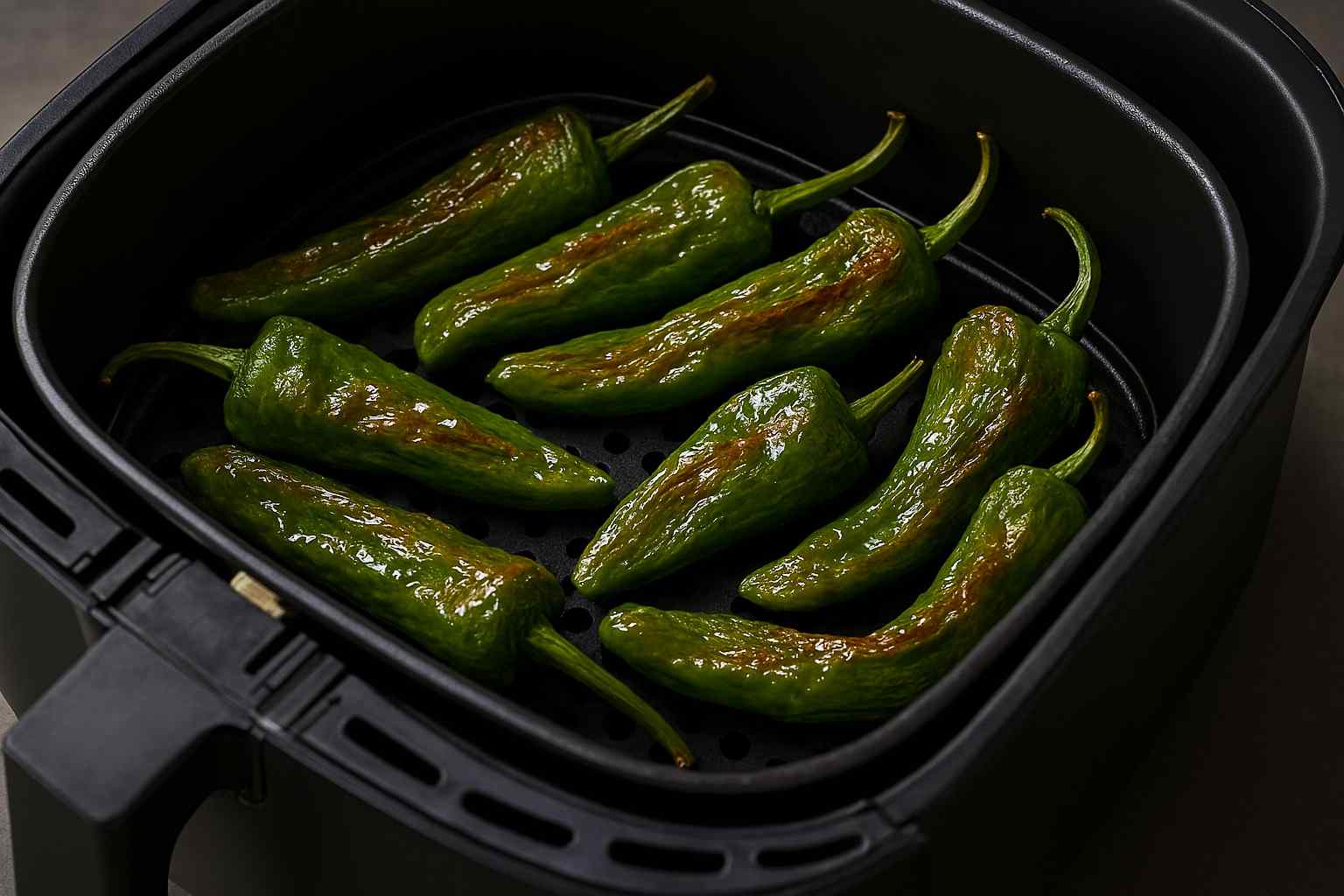 Pimientos verdes italianos fritos en la freidora de aire, tiernos y dorados.