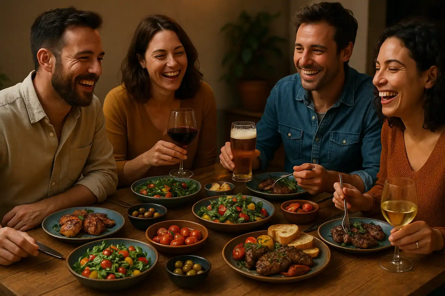 Grupo de amigos sonriendo alrededor de una mesa compartiendo una comida.