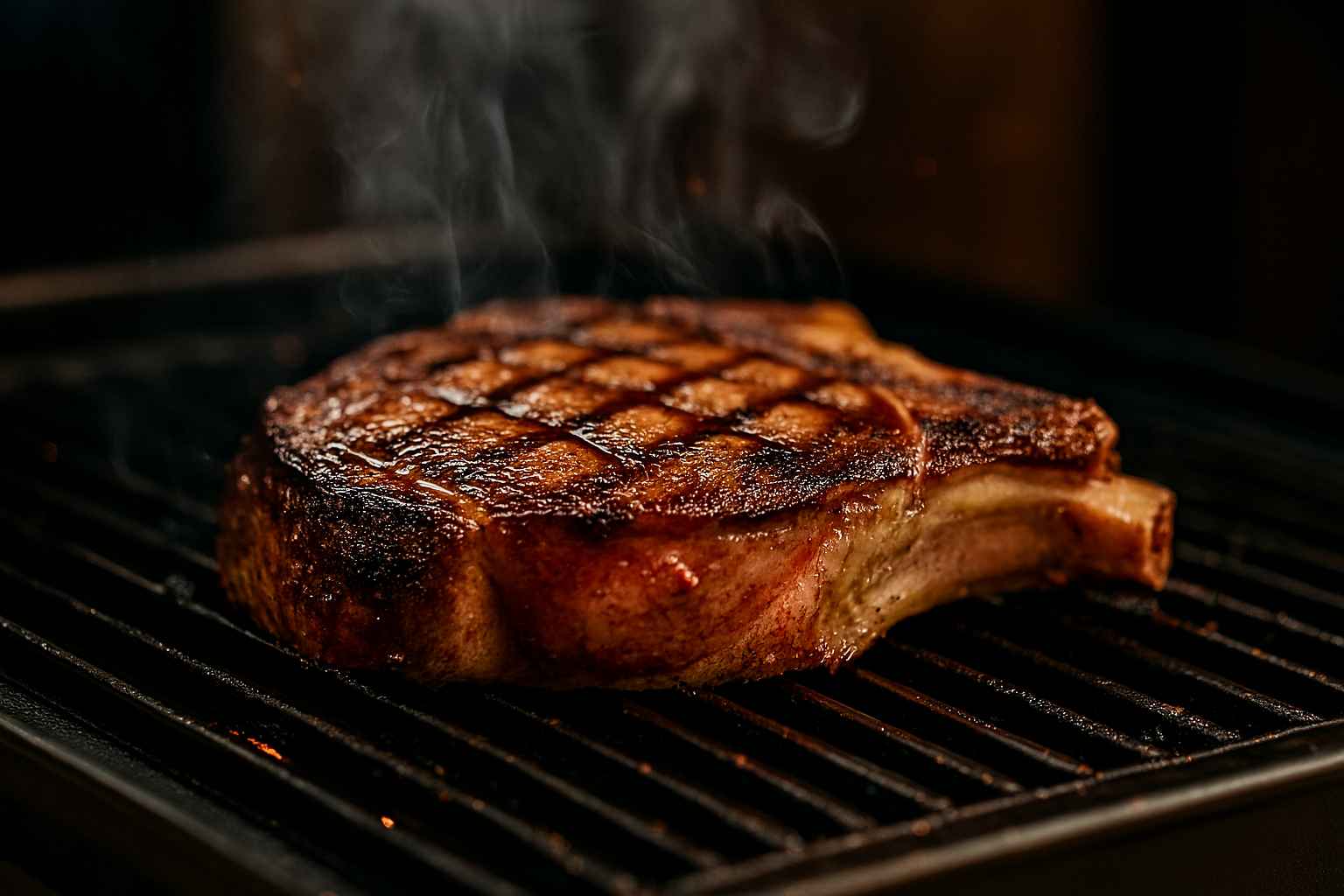 Primer plano de un chuletón grueso cocinándose en una parrilla.