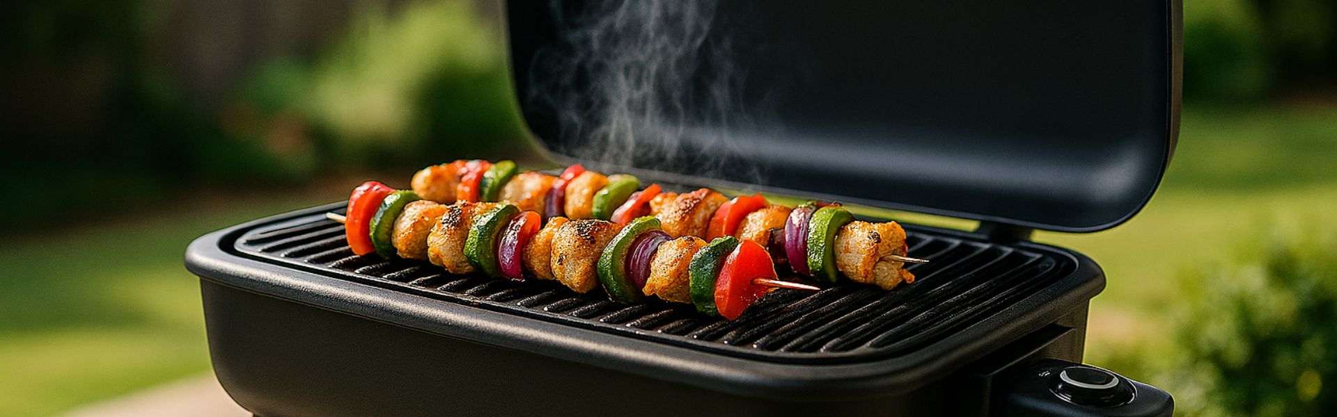 Brochetas de pollo y pimiento asándose en una barbacoa portátil con la tapa abierta.