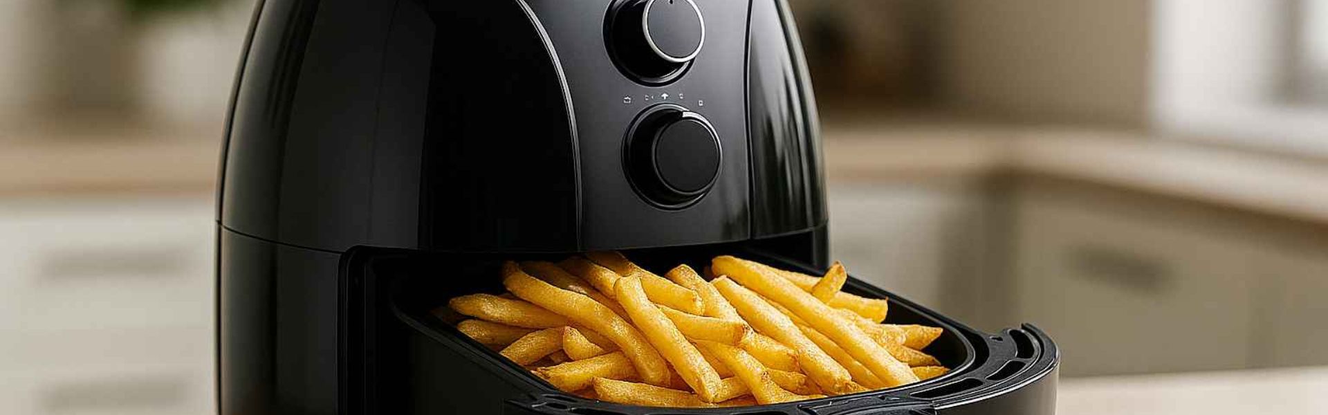 Primer plano de patatas fritas doradas y crujientes en la cesta de una freidora de aire.