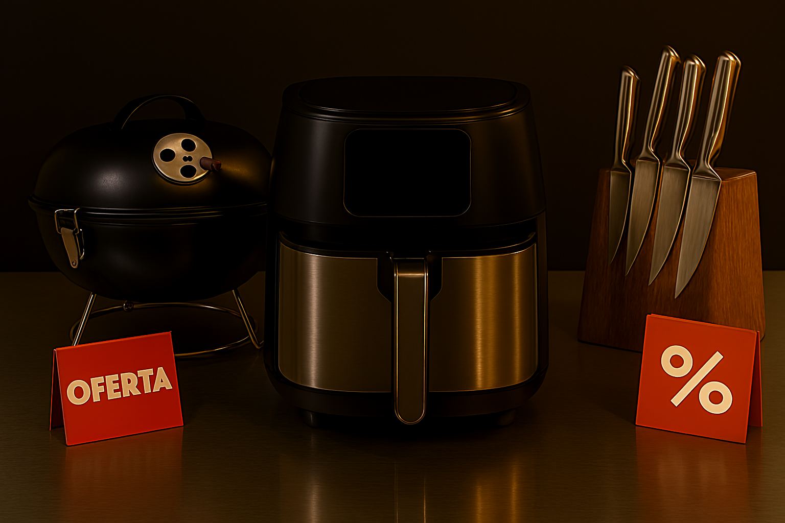 Composición de productos de cocina en oferta por Black Friday, mostrando una freidora de aire, una barbacoa y un set de cuchillos de chef sobre una encimera de acero.