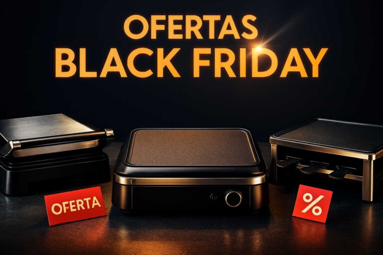 Imagen de plancha lisa, parrilla eléctrica grill y raclette sobre encimera moderna con rótulo de ofertas Black Friday