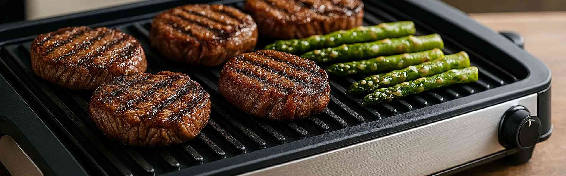 Hamburguesas y espárragos frescos cocinándose en una plancha de asar eléctrica.