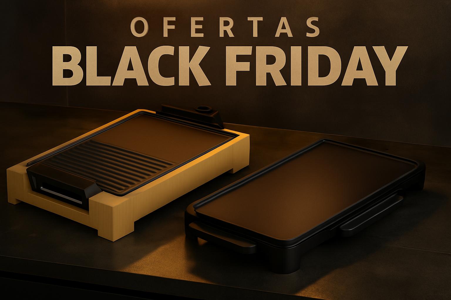 Varias planchas de asar eléctricas de diferentes formas, lisa, grill y mixta, mostradas en una encimera con ofertas Black Friday
