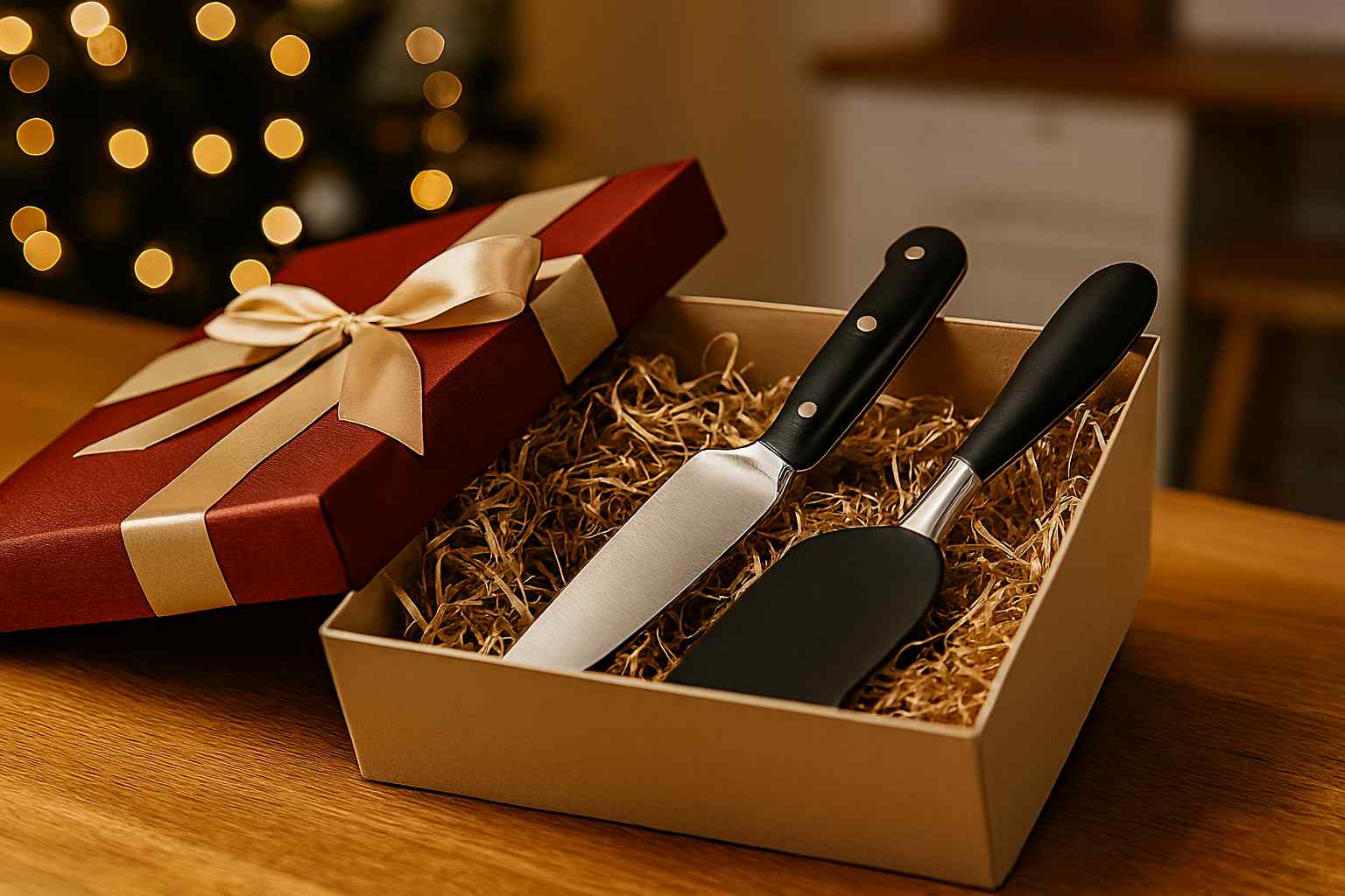 Caja de regalo abierta sobre una encimera de cocina, revelando varios utensilios de cocina brillantes como un cuchillo de chef y una espátula. El fondo cálido y desenfocado sugiere un ambiente navideño.
