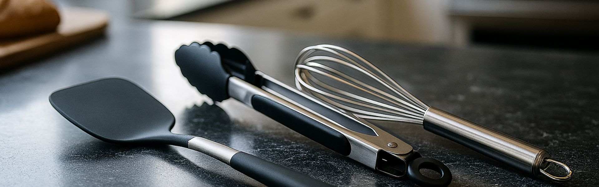 Conjunto de utensilios de cocina esenciales de acero inoxidable, incluyendo pinzas y espátula.