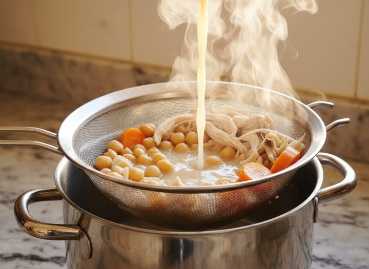 El Secreto: un Buen Caldo de Puchero Caldo de puchero casero colándose en una olla, la base para la sopa de picadillo.