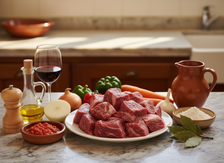 Ingredientes para la Carne en Salsa Tradicional Ingredientes para la carne en salsa: trozos de ternera, cebolla, zanahoria, pimiento, ajo, vino tinto y caldo.