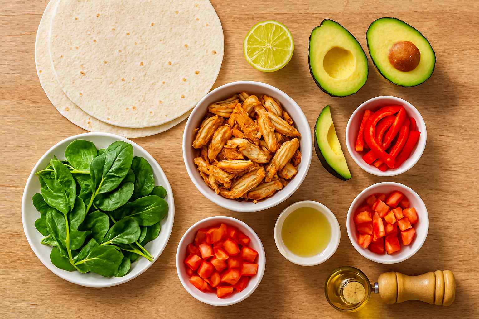 Ingredientes para el wrap de pollo y aguacate sobre una mesa de madera.