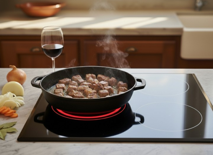 Sellado de la Carne para un Guiso Jugoso Trozos de ternera sellándose a fuego fuerte en una cazuela.