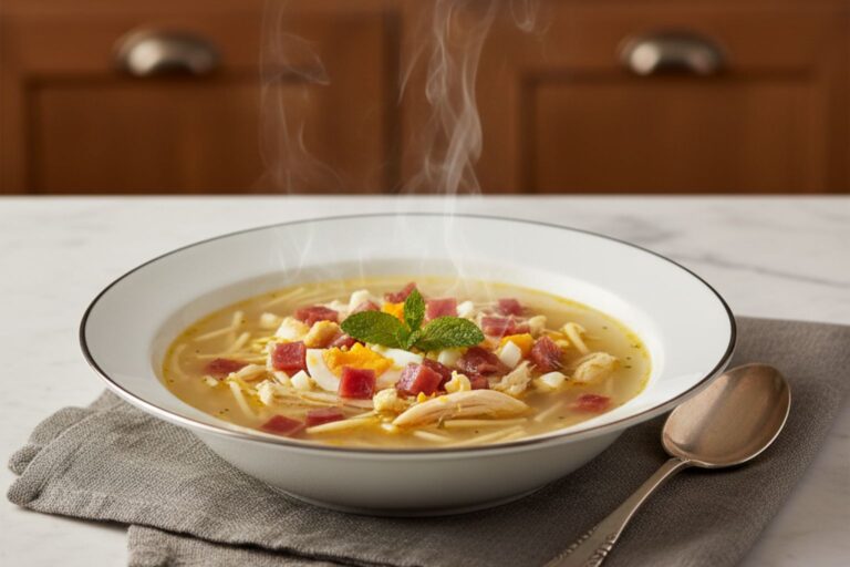 Plato hondo de sopa de picadillo andaluza servida caliente, con huevo, jamón y pollo.