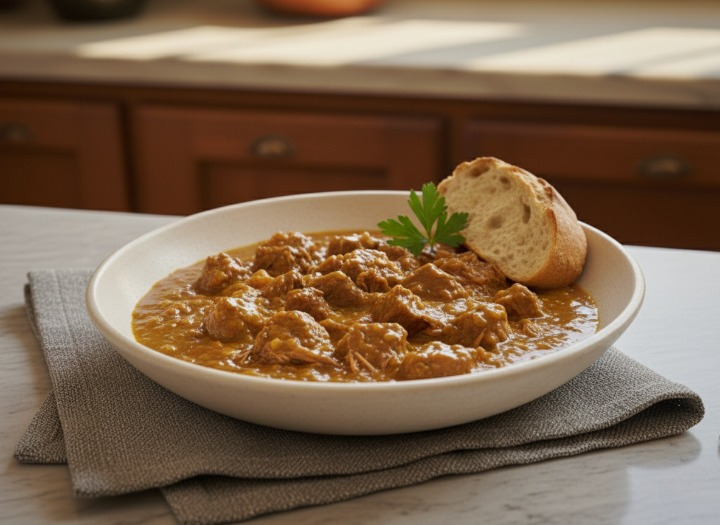 Plato casero de carne en salsa tradicional con trozos tiernos de ternera y salsa espesa brillante sobre plato de cerámica.