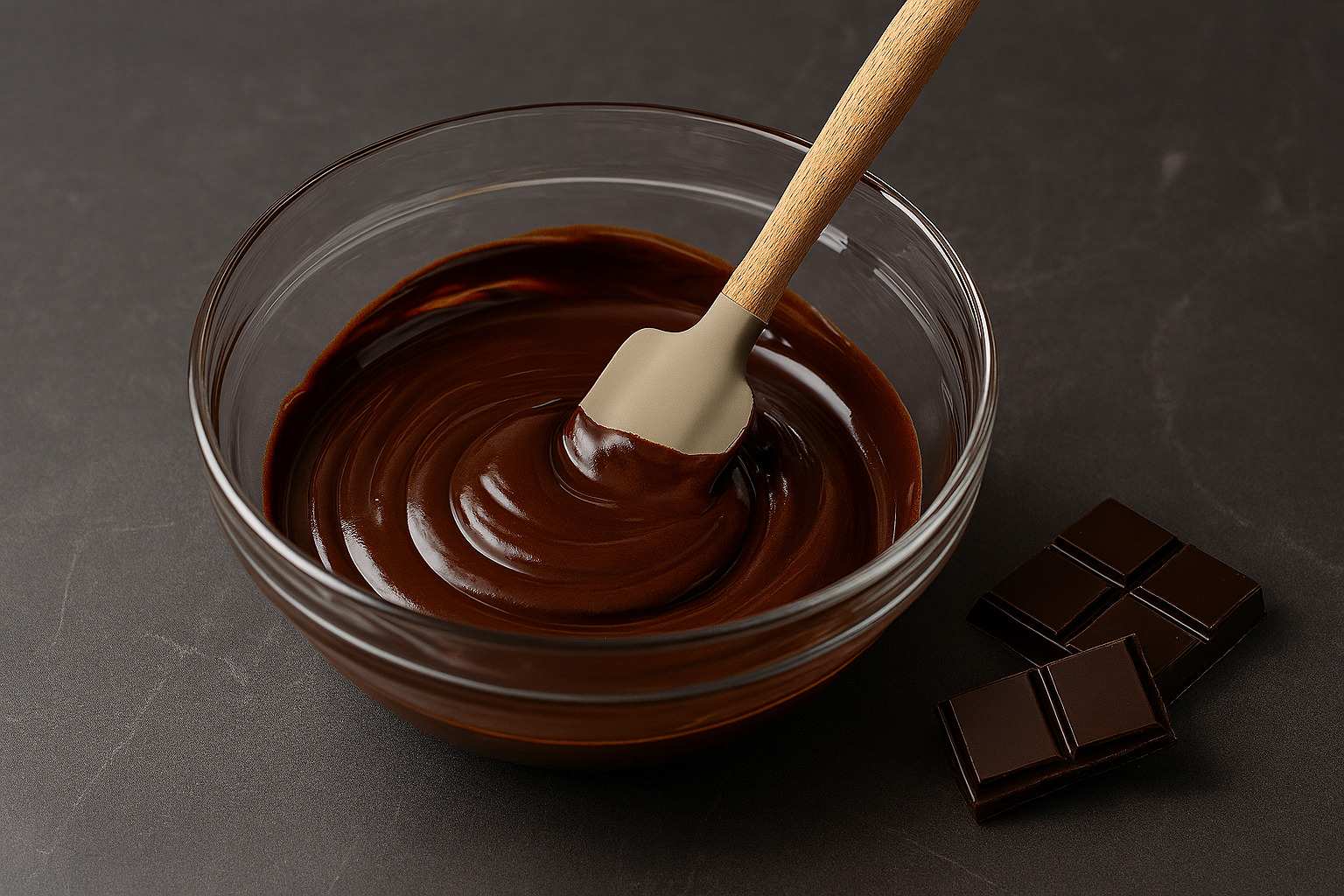 Chocolate y Mantequilla Fundidos Chocolate negro y mantequilla fundidos en un bol, formando una crema lisa y brillante.