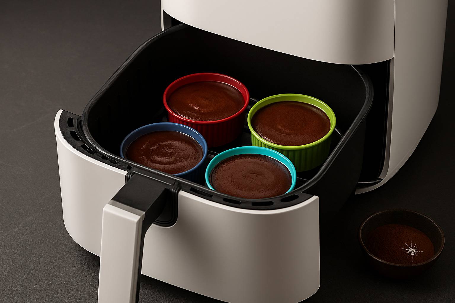 Coulant de Chocolate en Freidora de Aire Varios moldes de coulant de chocolate dentro de la cesta de una freidora de aire.