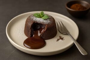 Coulant de chocolate sin harina servido en plato blanco, con el interior líquido de chocolate derramándose, sobre una encimera de mármol gris.