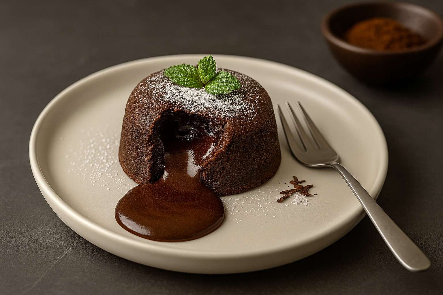 Coulant de chocolate sin harina servido en plato blanco, con el interior líquido de chocolate derramándose, sobre una encimera de mármol gris.