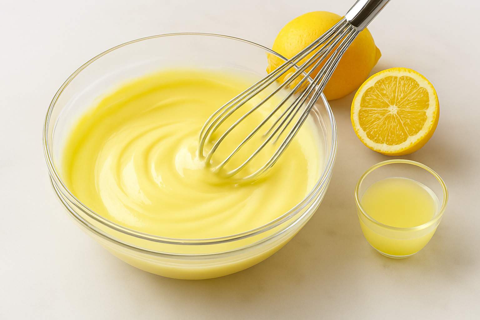 El Relleno Mágico ya Espesado Crema de limón espesa y cremosa en un bol, mostrando su textura después de batir.