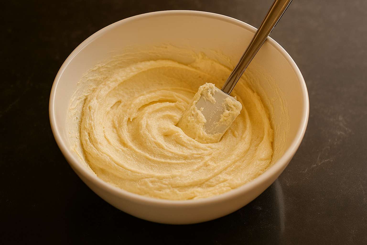 Mezcla cremosa de mantequilla y azúcar en un bol, primer paso para la masa de galletas.