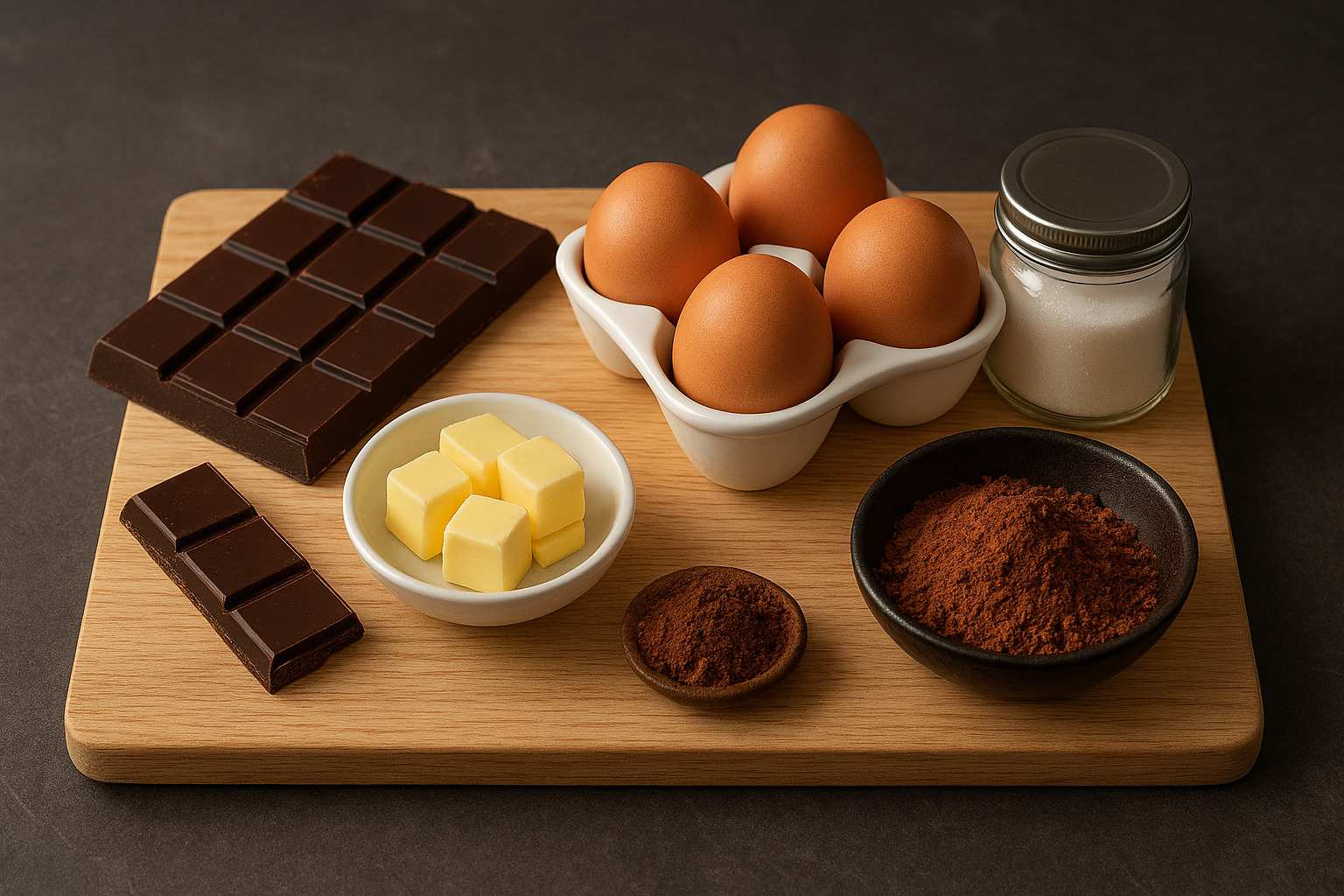 Ingredientes para Coulant de Chocolate sin Harina Ingredientes para el coulant sin harina: chocolate negro, huevos, mantequilla, eritritol y cacao en polvo.